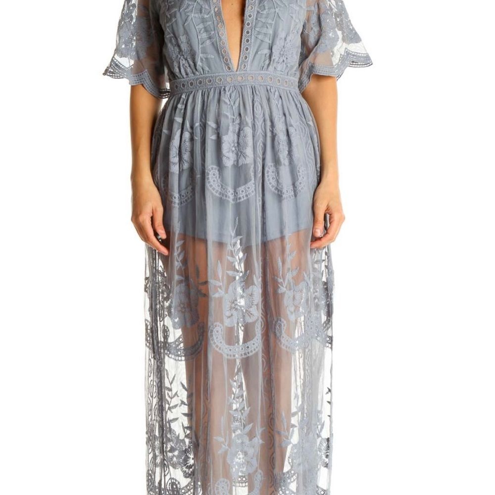 DUSTY BLUE SHEER LACE MAXI ROMPER DEEP V FRONT Size Small